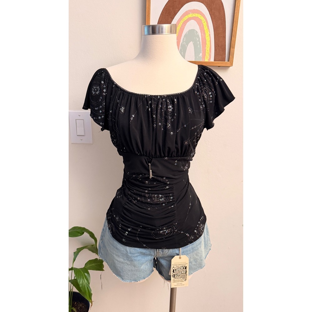 Studio 1940 Ruched Blouse Womens L Black Glitter Rhinestone Y2K Whimsigoth